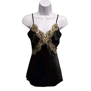 Bisou Bisou Size 2 Black Satin Cami Top Gold Sequin Grunge Fairy Y2K Coquette